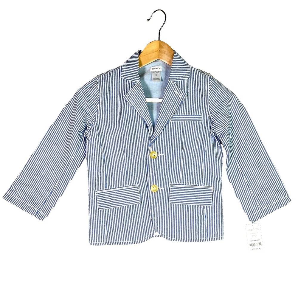 Carter's Little Boys 5 Seersucker Blazer Blue White Pinstripe Wedding Old Money
